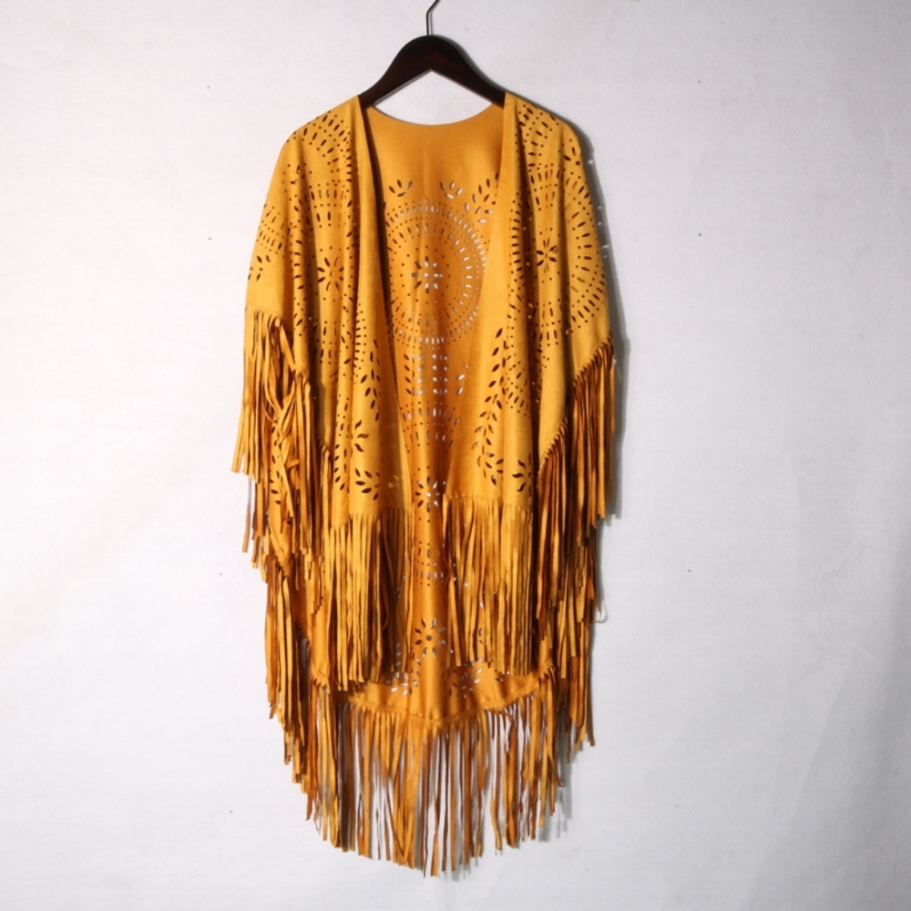 NWT  Yellow Mustard Fringed Cut Out Boho Poncho